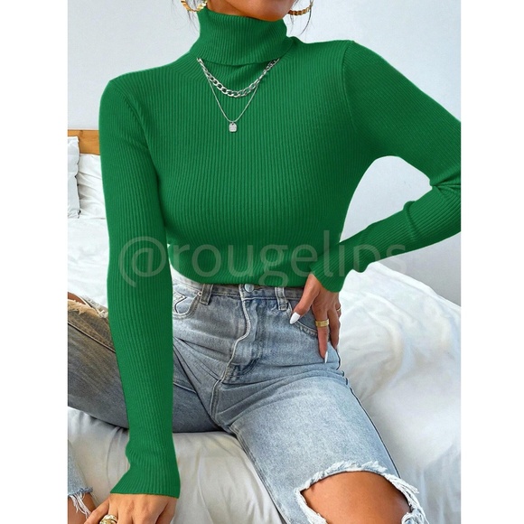 Green Rib-Knit High Neck, Turtleneck Sweater Long Sleeve Slim Fit - Picture 6 of 9